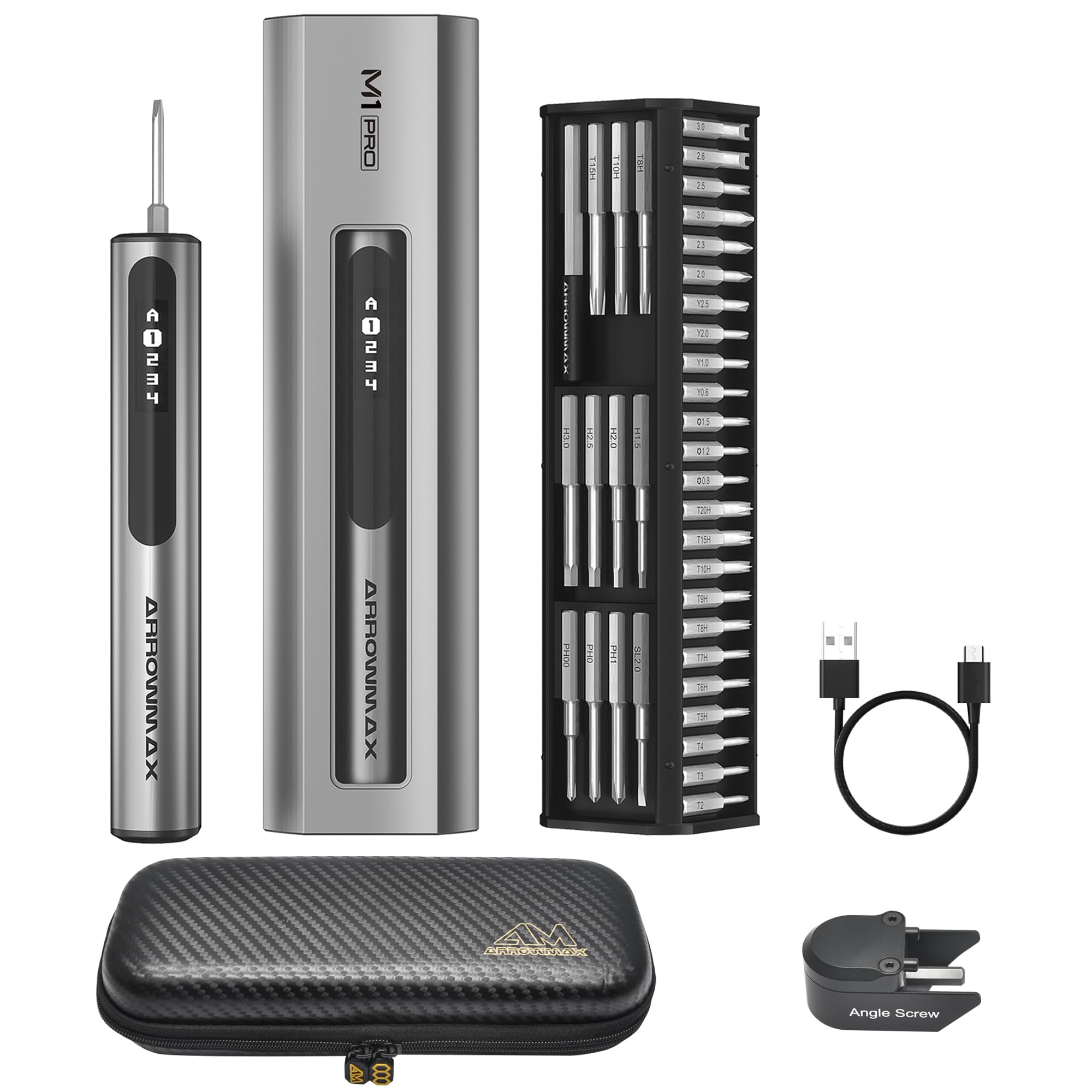 ARROWMAX 7.4V Mini Electric Screwdriver, Precision Electric Screwdriver, 60-in-1 Magnetic Bits, Smart Motion Control, Max 3 N.m, 5 Torque Modes, Repair Tool Set for Phone Camera Laptop M1 PRO Plus