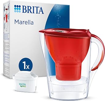 BRITA water filter jug Marella Red 2,4L incl. 1x MAXTRA PRO All-in-1 filter that reduces PFAS*, chlorine and limescale, fits in fridge door, digital replacement indicator and filling lid