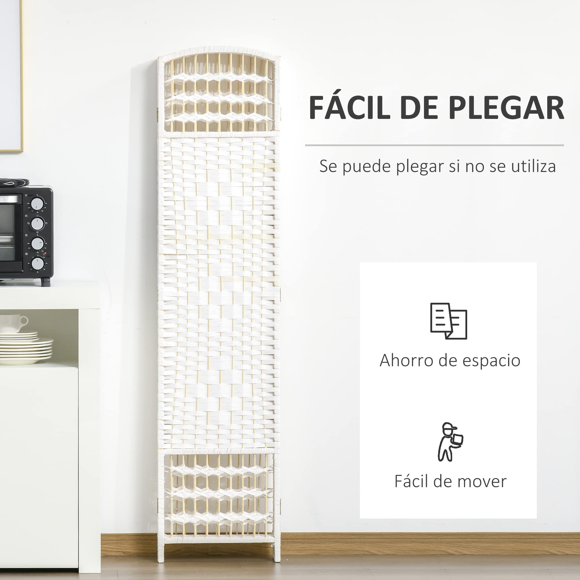 HOMCOM Biombo de 6 Paneles Separador de Ambientes Plegable 242x170 cm Divisor de Habitación de Fibra de Papel y Marco de Madera Decoración Elegante para Dormitorio Salón Blanco