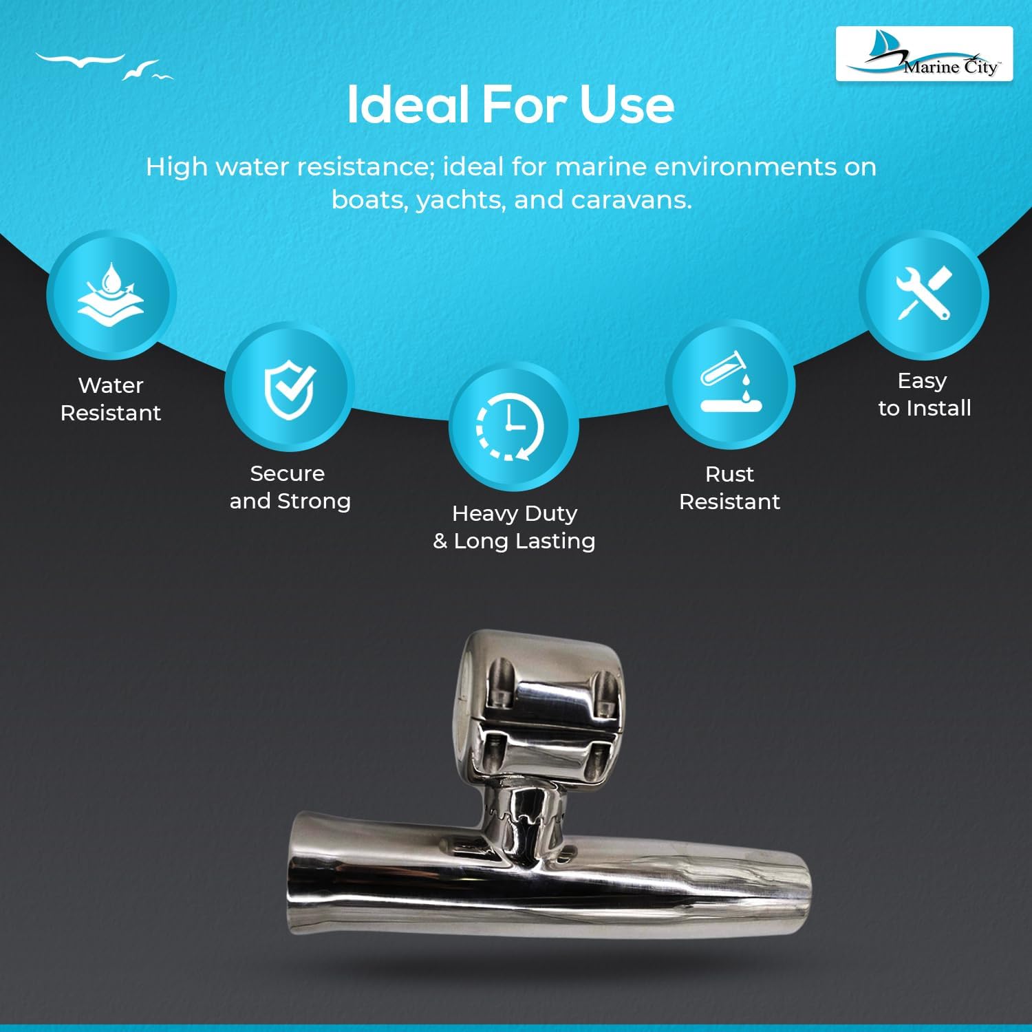 MARINE CITY Adjustable Clamp-on Fishing Rod Holder, 304 Grade Stainless Steel, Durable, Water-Resistant, for 1-1/2" to 1-5/8" Rails for Marines, Boats, Ships, Yachts