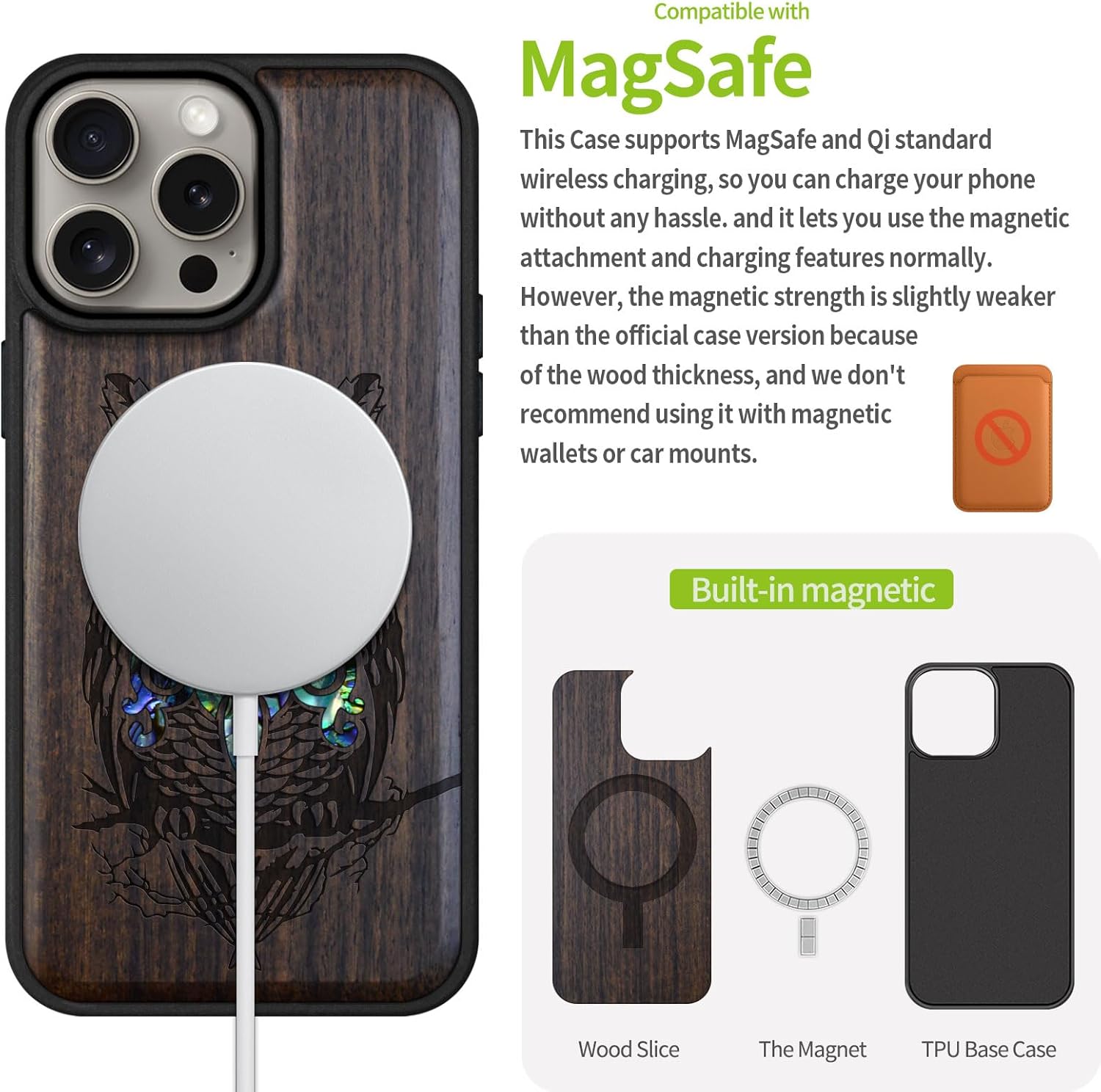 Carveit Wooden Case for iPhone 15 Pro Max Magnetic Case, Compatible with MagSafe Wireless Chargers, Handmade Shell Inlaid & Wood Artisan Engraved (an Owl Perched on a Branch) Blackwood