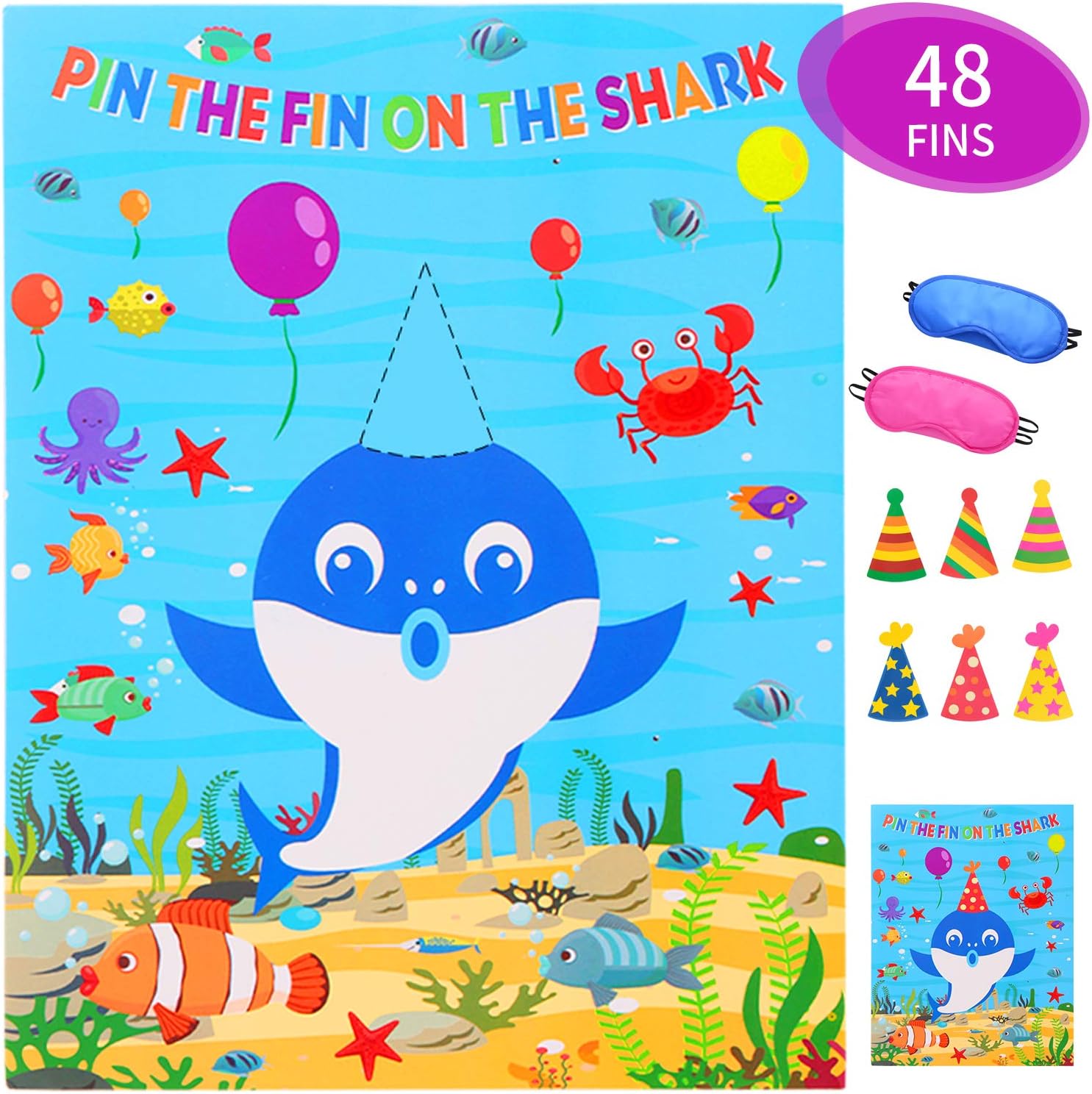Pin The Fin On The Baby Shark Game for Birthday Party Supplies Decorations - 48 Fins