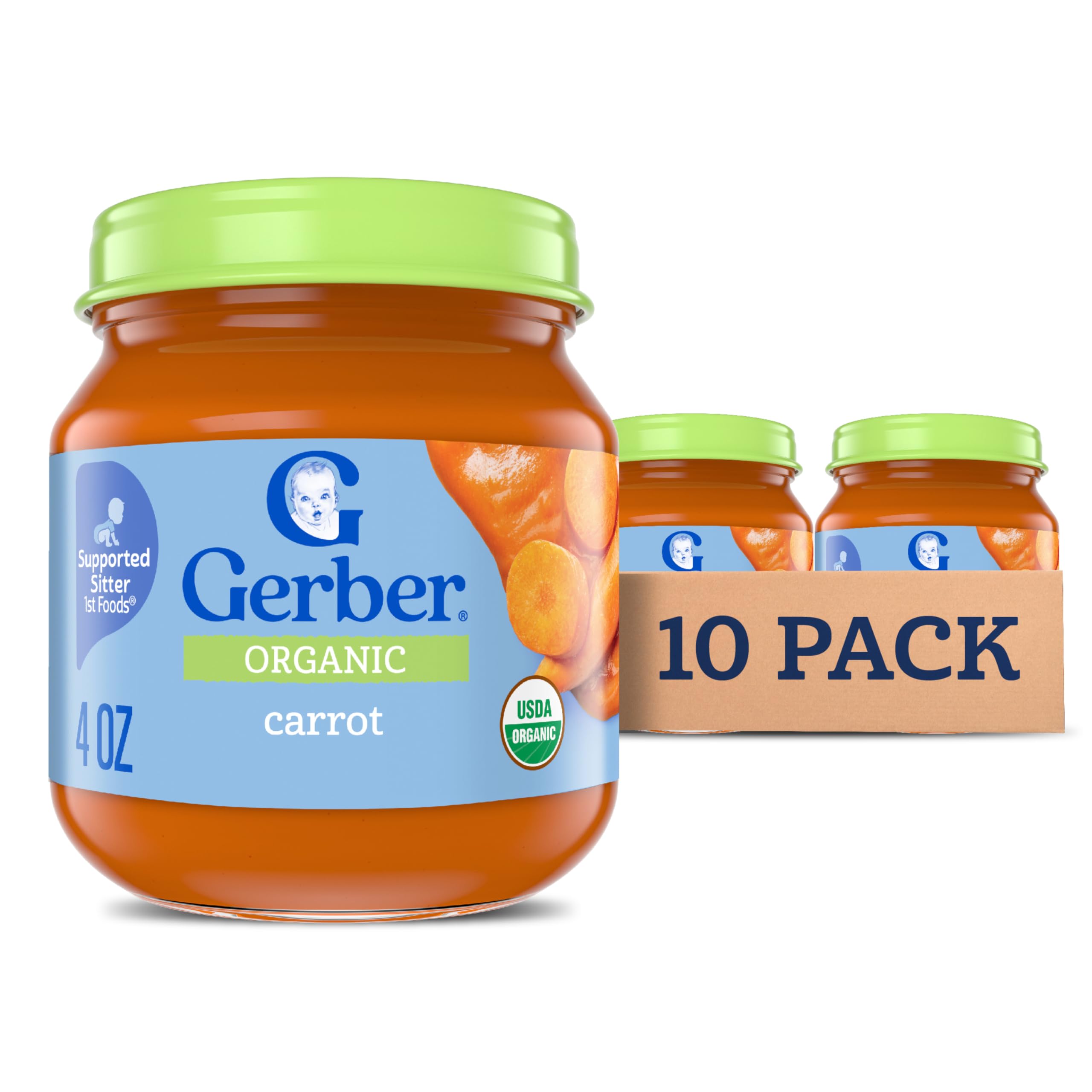 Stage 1 Baby Food, Organic Carrot Jar, Carrot Puree, Non-GMO, Vegetable Baby Food, Puree Jars Glass, 10-pack