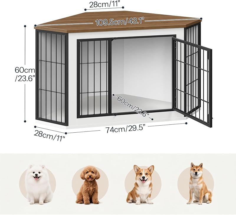 HOOBRO Corner Dog Crate Furniture, Decorative Dog Kennel End Table, Farmhouse Dog Crate TV Stand for Small and Medium Dogs, Walnut, White and Black BWH90GW03 image 2