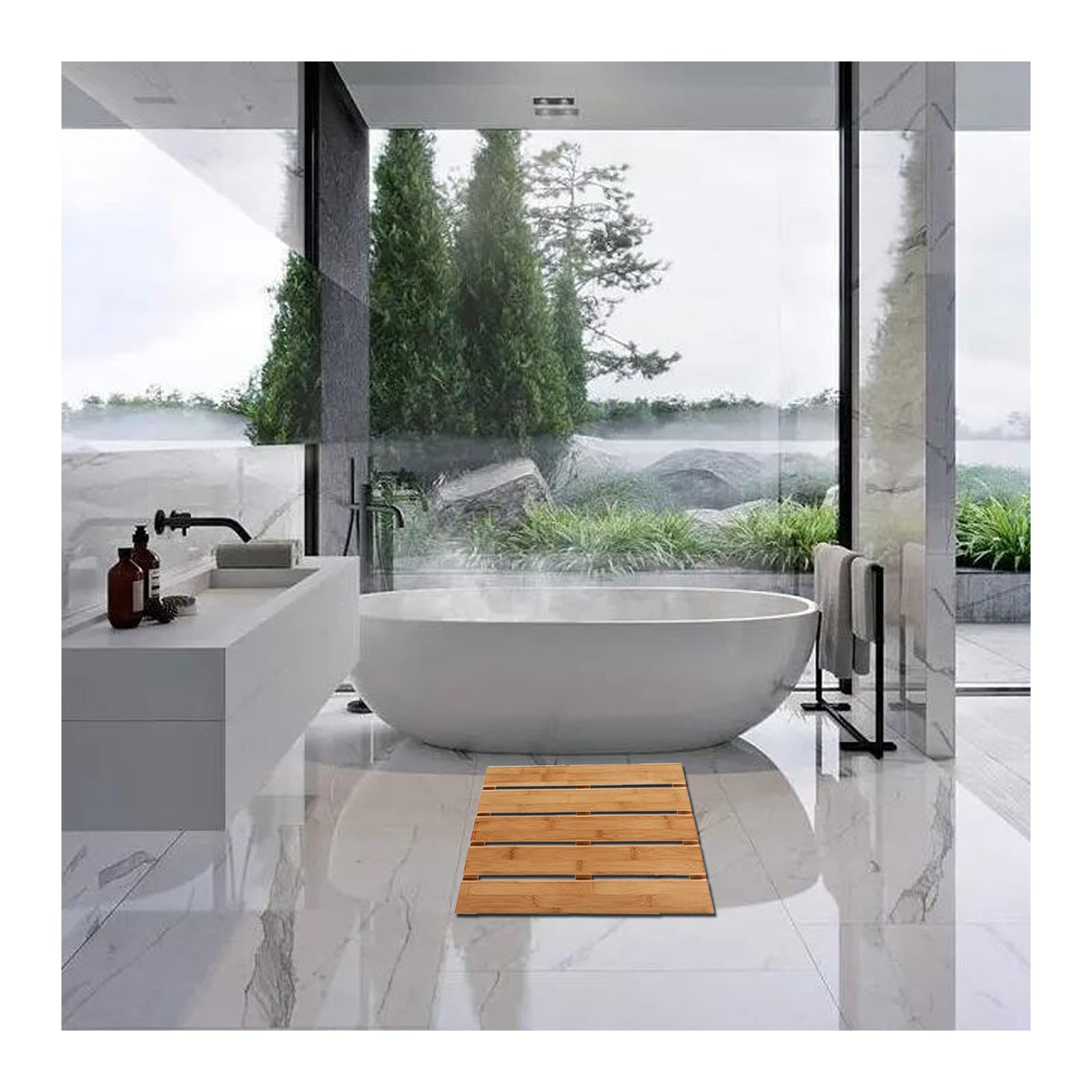 Pedana Doccia in Legno,Tappetini per Doccia in Legno per Interni O Esterni - Tappetino per Doccia in Legno con Piattaforma in Ardesia per Pavimento? Personalizzabile,60x110cm/24x43in