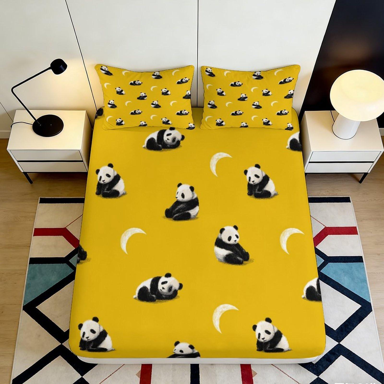 3D Printed Panda Fitted Sheet Microfiber Deep Pocket Non-Slip Panda Mattress Fitted Cover for Bedroom 200x200x25cm