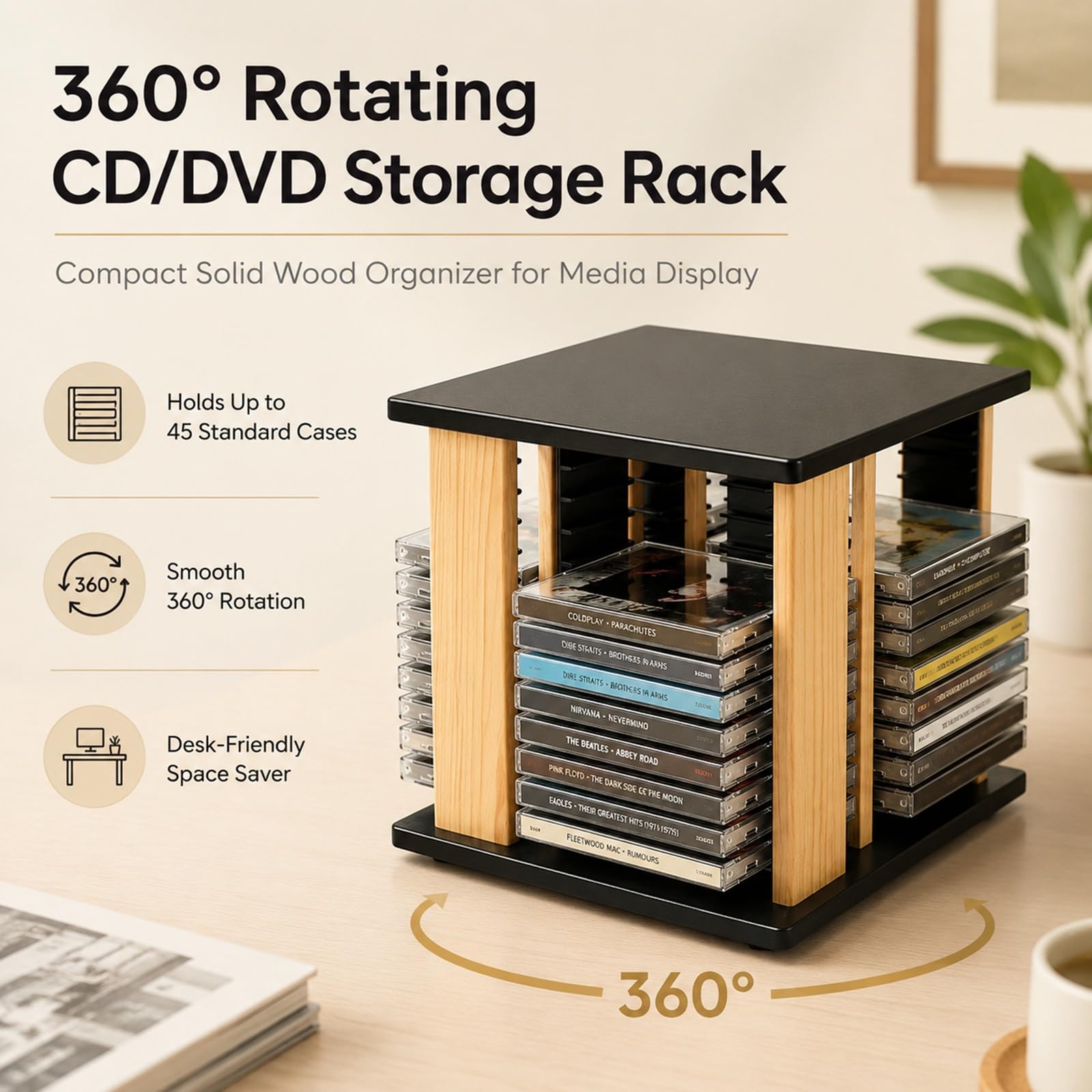 Porta CD e DVD da Scrivania Girevole a 360 Gradi in Legno for Multimedia | Contiene 45 Custodie Standard con Design Salvaspazio da Tavolo for Collezioni di Videogiochi e Film in DVD