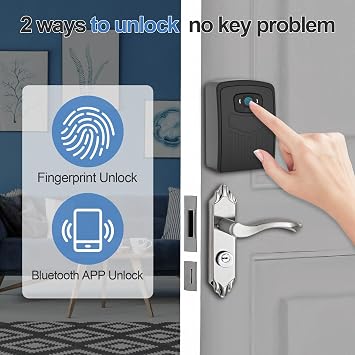 Smart Fingerprint Key Lock Box, Black, Bluetooth, WiFi Gateway, Remote Access, Large Capacity, Android/iOS App, Outdoor Key Safe Box