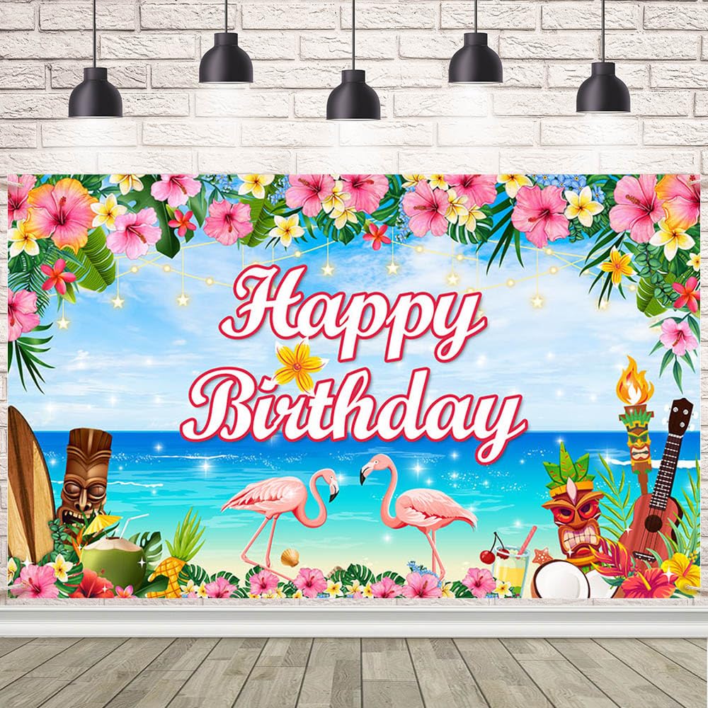 ABLIN Hawaii Happy Birthday Backdrop Summer Tropical Hawaiian Flamingo Flowers Palm Leaves Background Hawaii Theme Photograph Background Supplies for