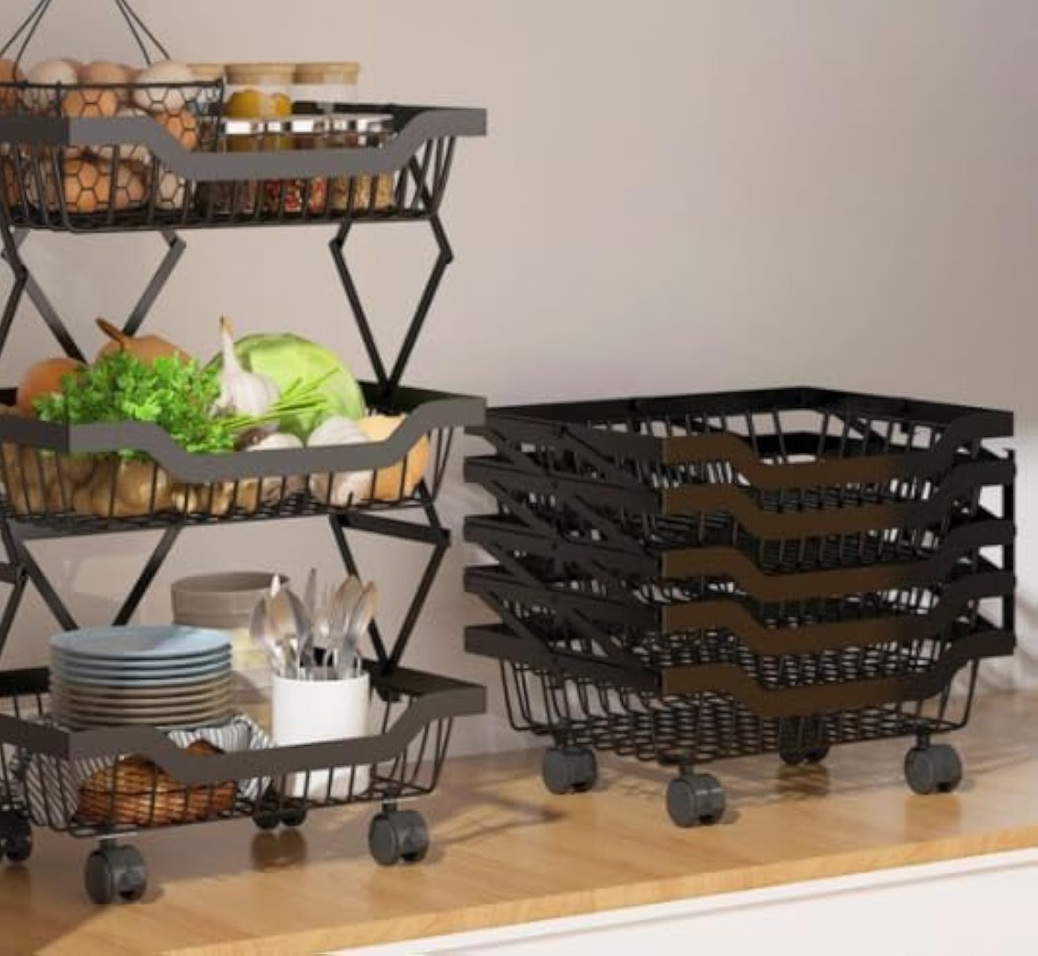 Multi-layer Fruit & Vegetable Storage Basket Organizer, Rolling Utility Cart Produce Basket Storage Shelf with Wheels for Pantry & Bathroom (3 Tiers, Black)