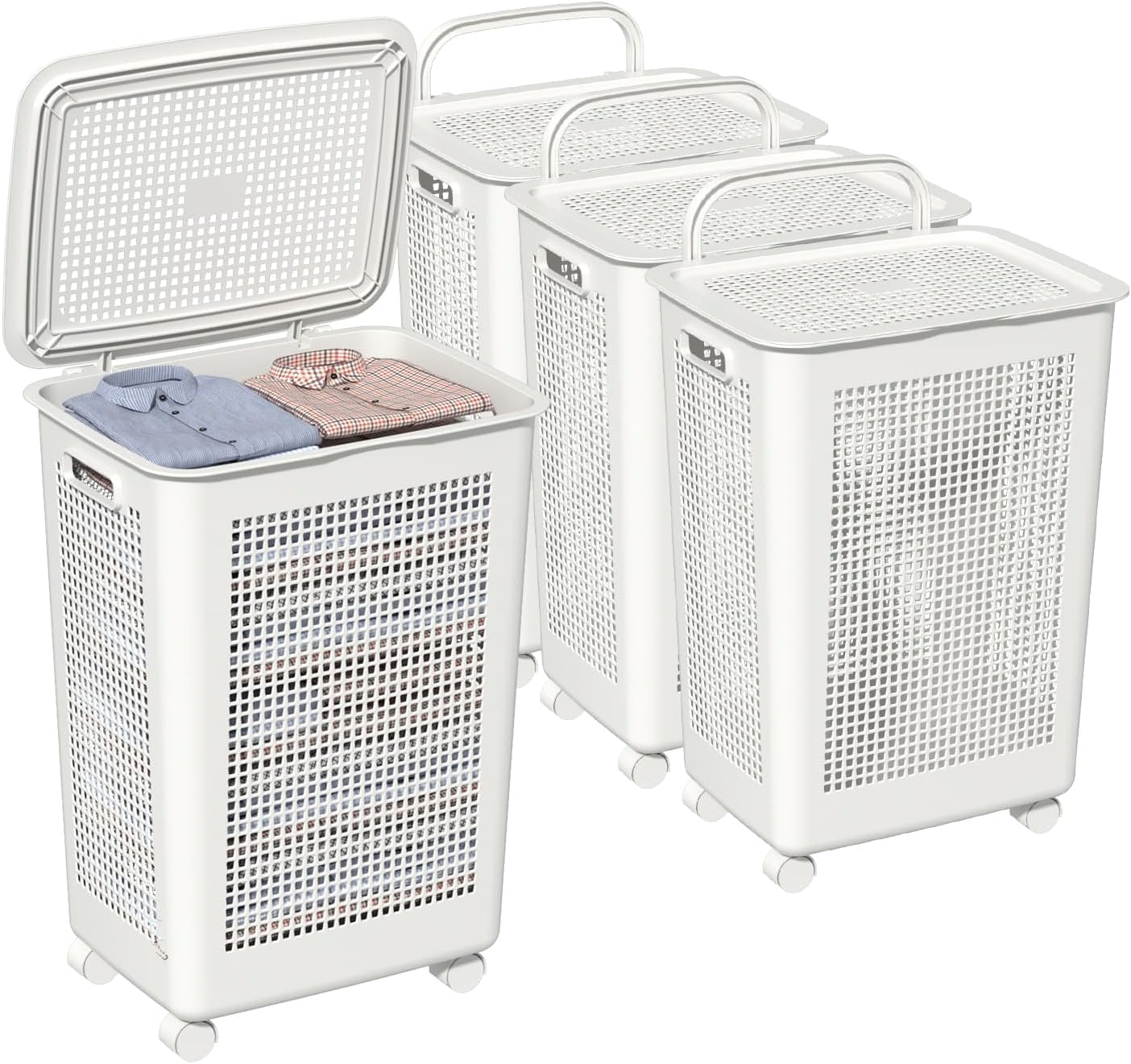 4 Packs 65 Liters Laundry Hamper Baskets with Lids and Wheels, Large Plastic Clothes Baskets