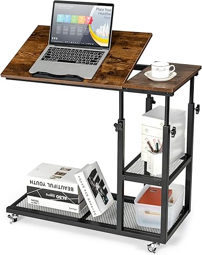 Tangkula Mesa auxiliar en forma de C ajustable en altura con ruedas con cerradura, mesa de escritorio móvil con mesa inclinable, soporte para sofá,