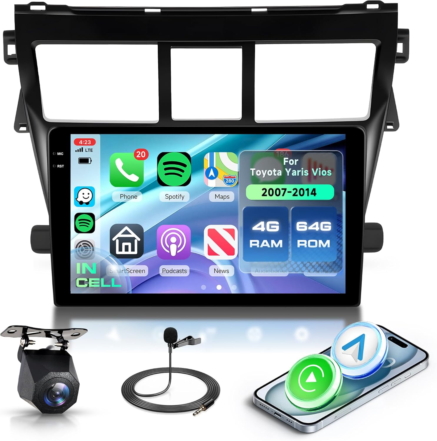 4+64G Android 15 Car Stereo Radio for Toyota Yaris Vios 2007-2014 with Wireless Carplay Android Auto, 9'' in-Cell Screen Head Unit with GPS/Bluetooth 5.0/FM RDS/EQ/Wi-Fi Mirror Link Backup Camera SWC