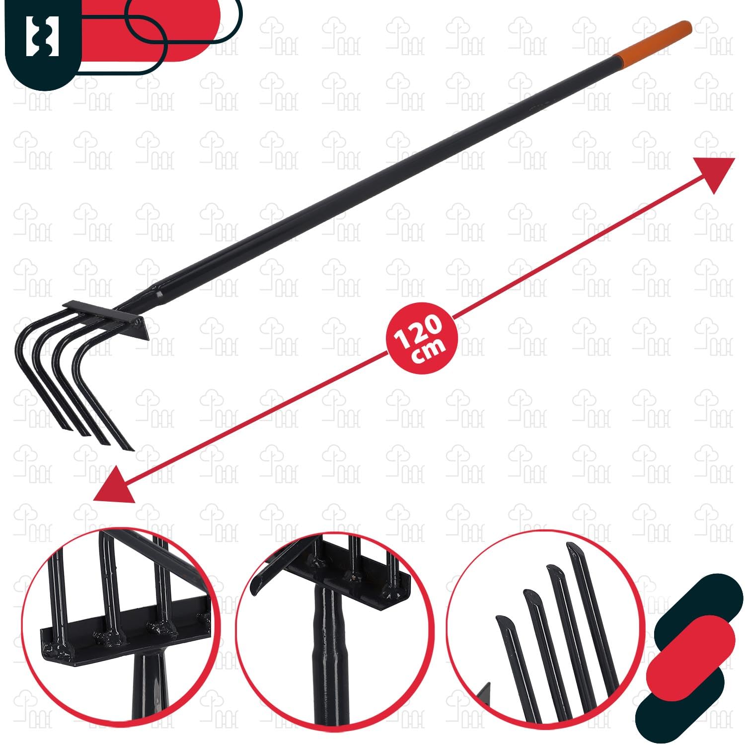 KOTARBAU® Binette de jardin à 4 dents avec manche de 120 cm - En acier - Pour désherber le sol - Pour ameublir le sol - Outil de jardin - Aérer et aérer avec griffes - Râteau à fleurs