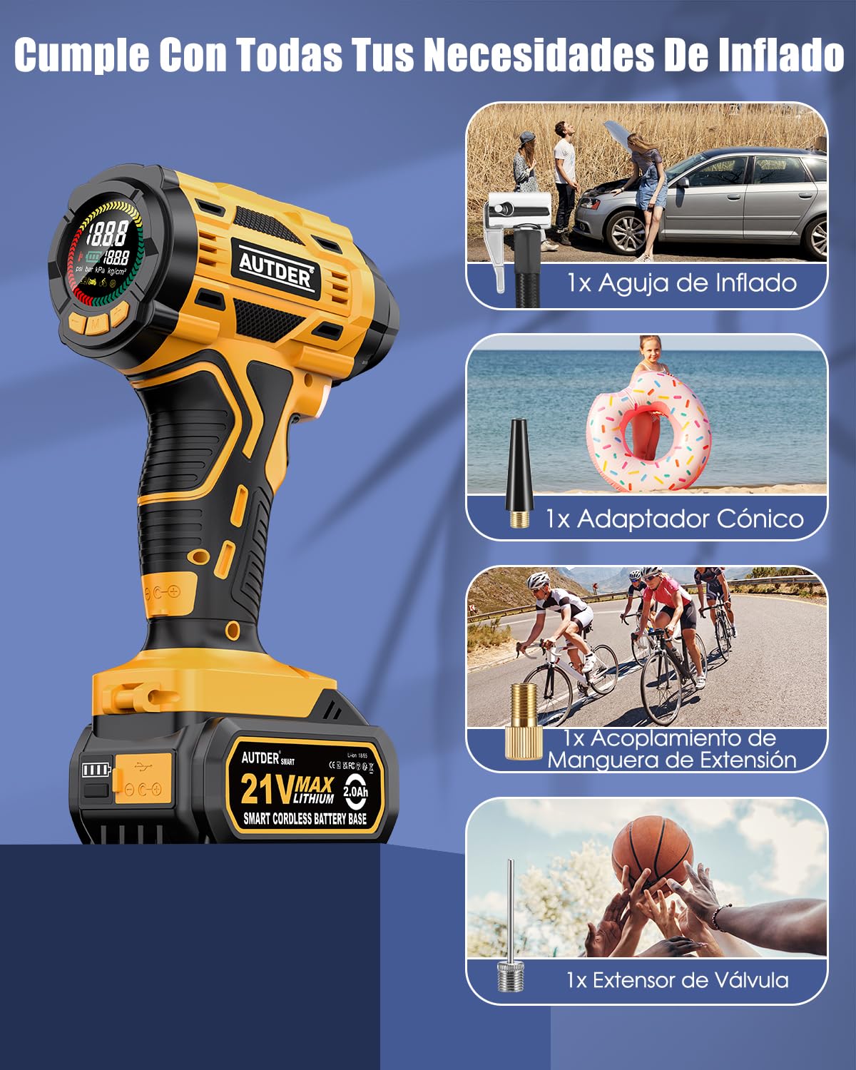 AUTDER Inflador Neumáticos 180PSI, Compresor Portátil Coches/Motos con Batería 21V Recargable 2000mAh, Autoapagado, Luz LED, Incluye Funda Impermeable, Amarillo Negro