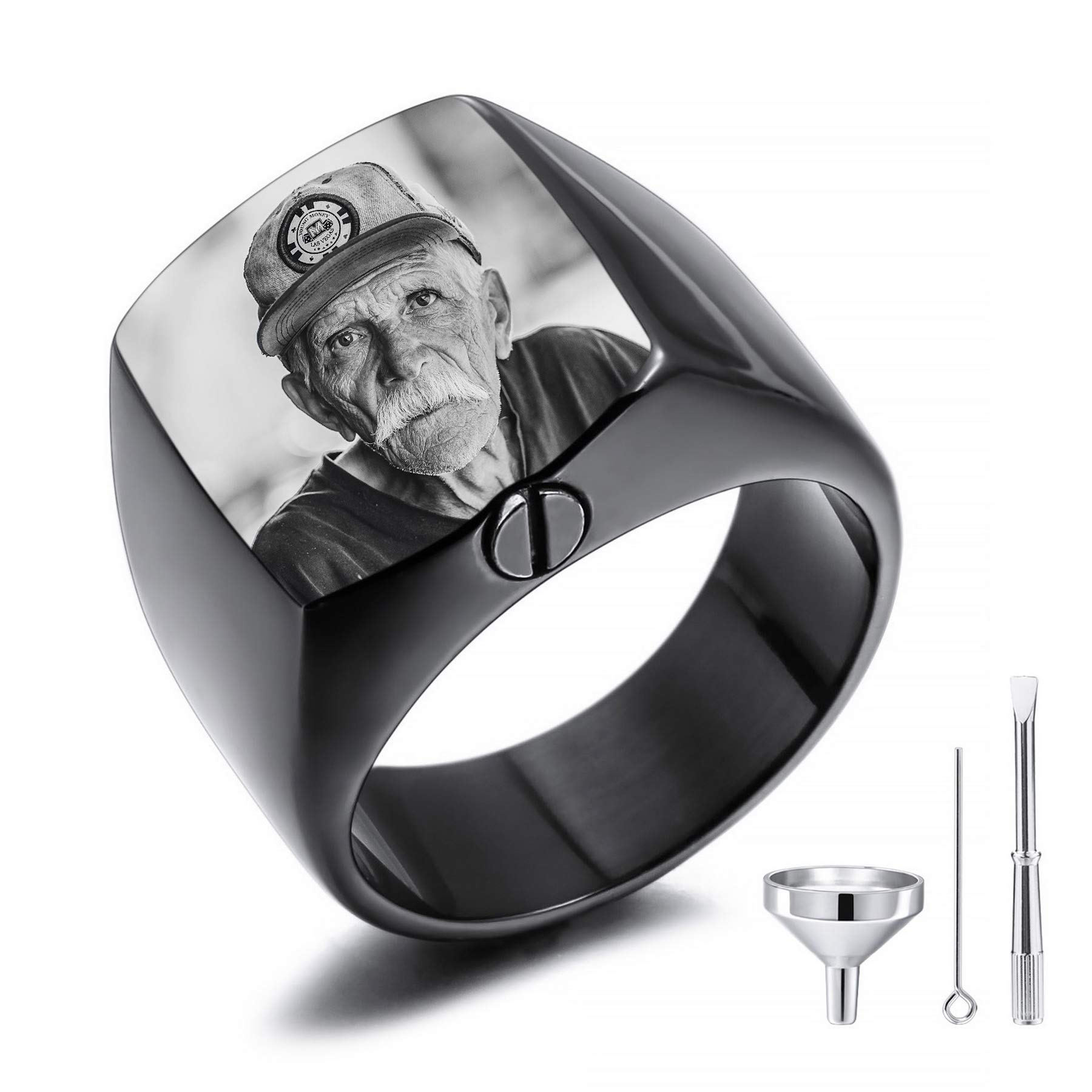 MeMeDIY Personalized Cremation Urn Ring Signet Ring Engraving Black & White Picture Photo Stainless Steel Memorial Ashes Holder Keepsake for Women Men Pet Dog Cat with Funnel Kit (Black Size N)
