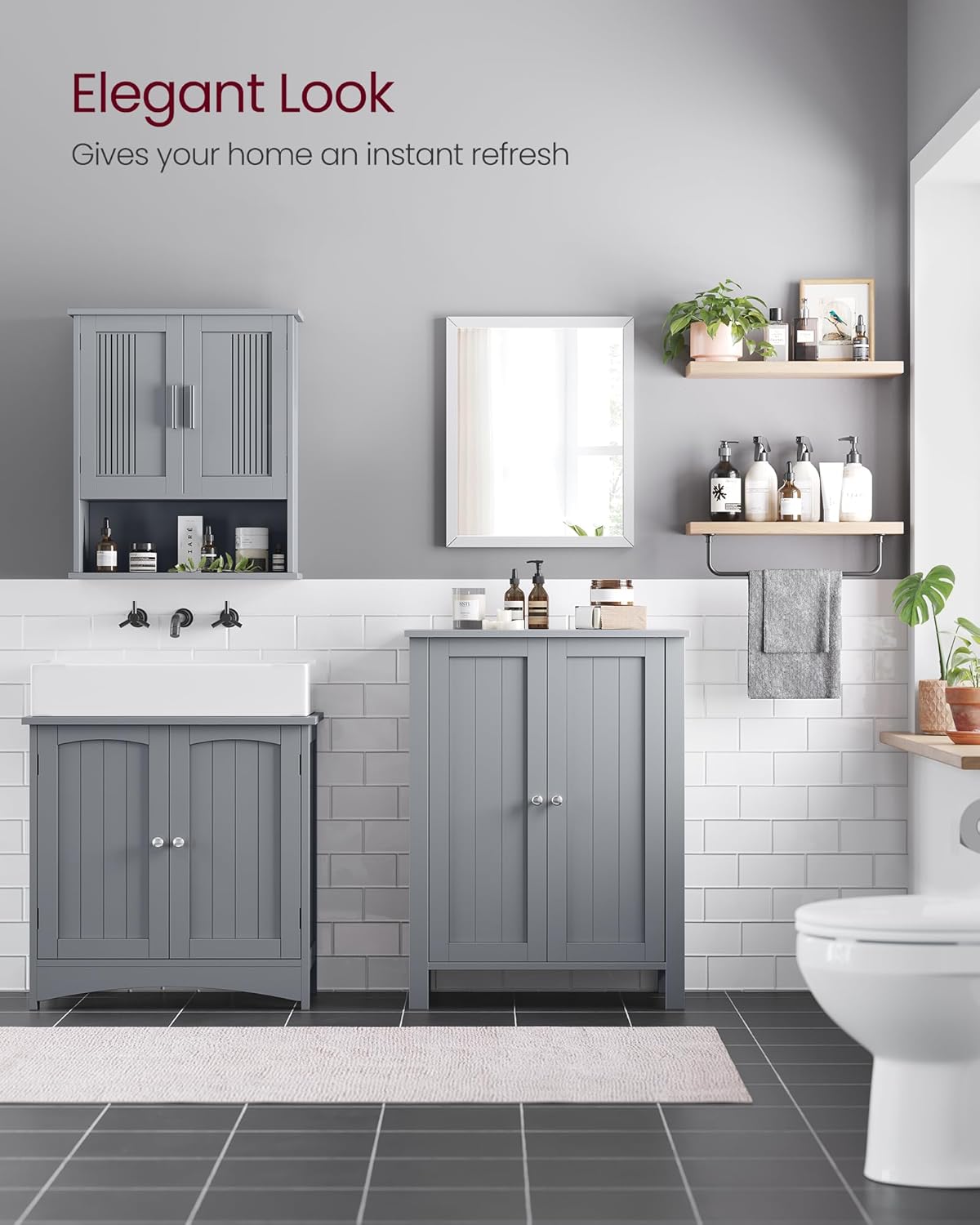 VASAGLE Bathroom Floor Storage Cabinet, Bathroom Storage Unit with 2 Adjustable Shelves, Bathroom Cabinet Freestanding, 11.8 x 23.6 x 31.5 Inches, Dove Gray UBCB060P36