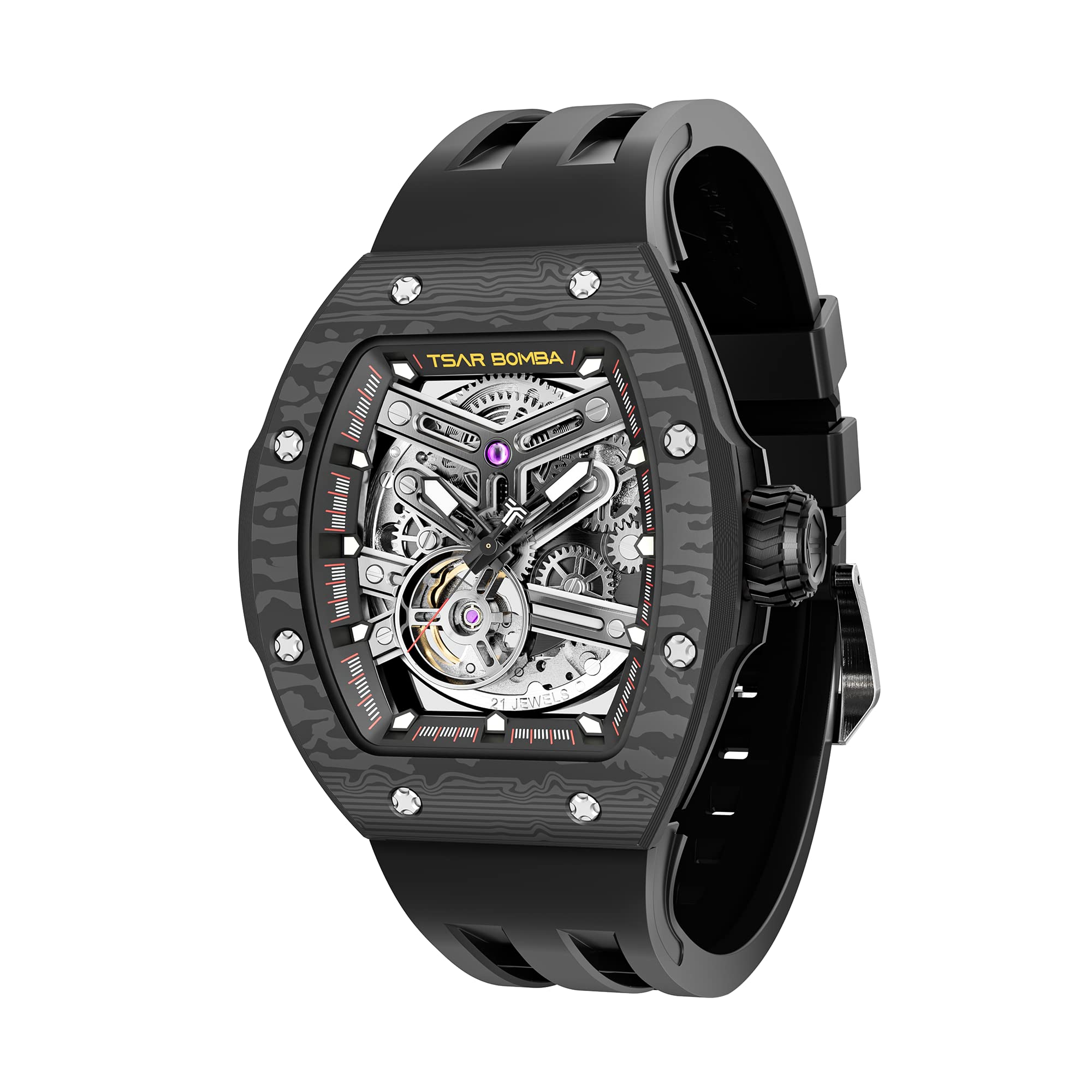 TSAR BOMBAMen's Watch Automatic 100M Waterproof Mechanical Wristwatch Skeleton Tonneau Design Luxury Square Stylish Sports Work Analogue Watches for Men Gift for Men Silicone Strap