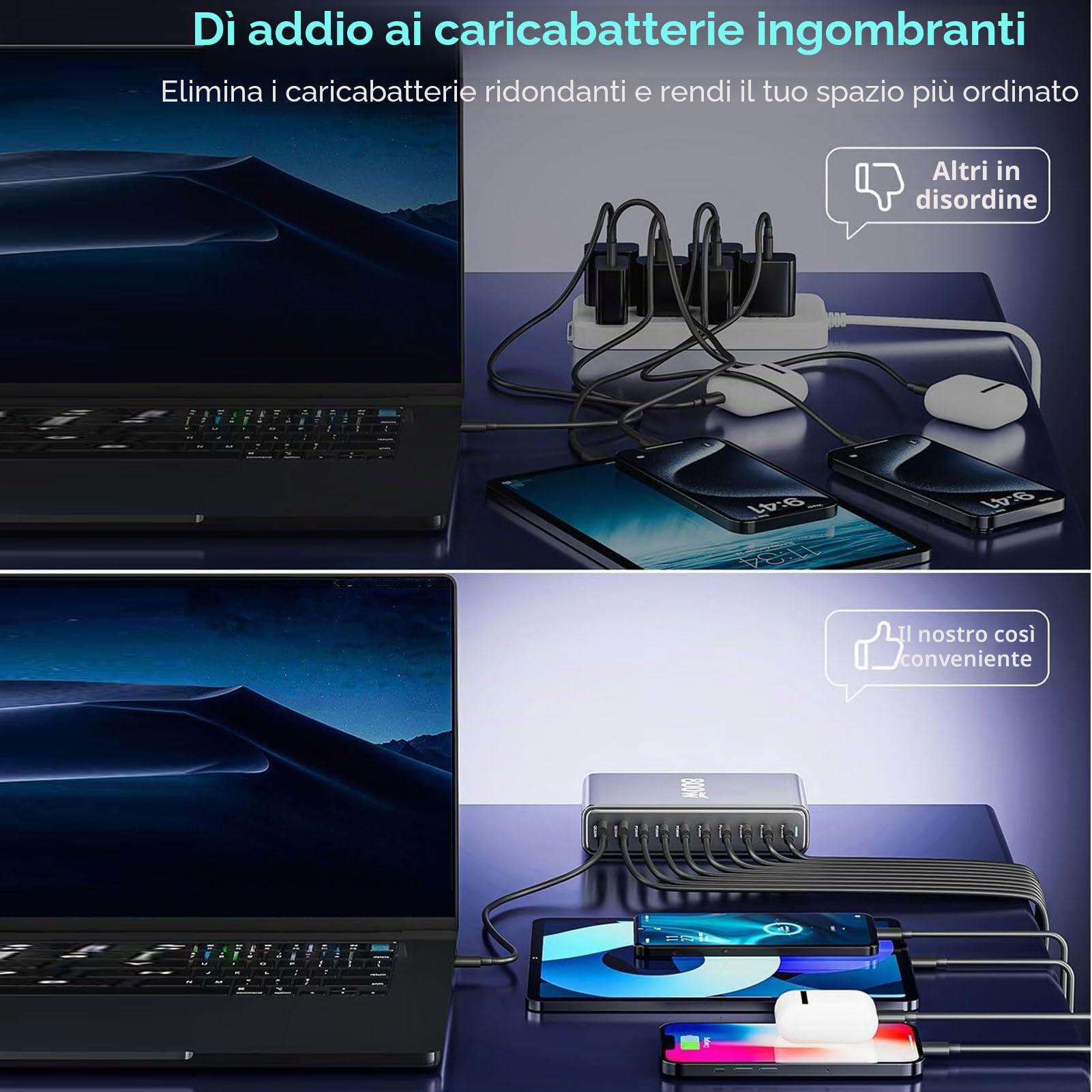 Tosuny Blocco Caricabatterie USB C da 1000 W, Stazione di Ricarica USB C a 10 Porte per Dispositivi Multipli, Adattatore di Ricarica Rapida GaN III Pro PD PPS per Smartphone (10 Ports)