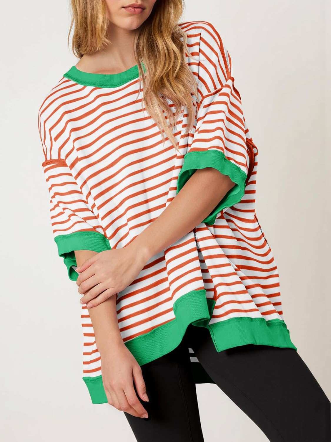 Tankaneo Womens Oversized T Shirts Striped Color Block Cotton Tops Summer Casual Half Sleeve Loose Fit Crewneck Sweatshirts - Image 3