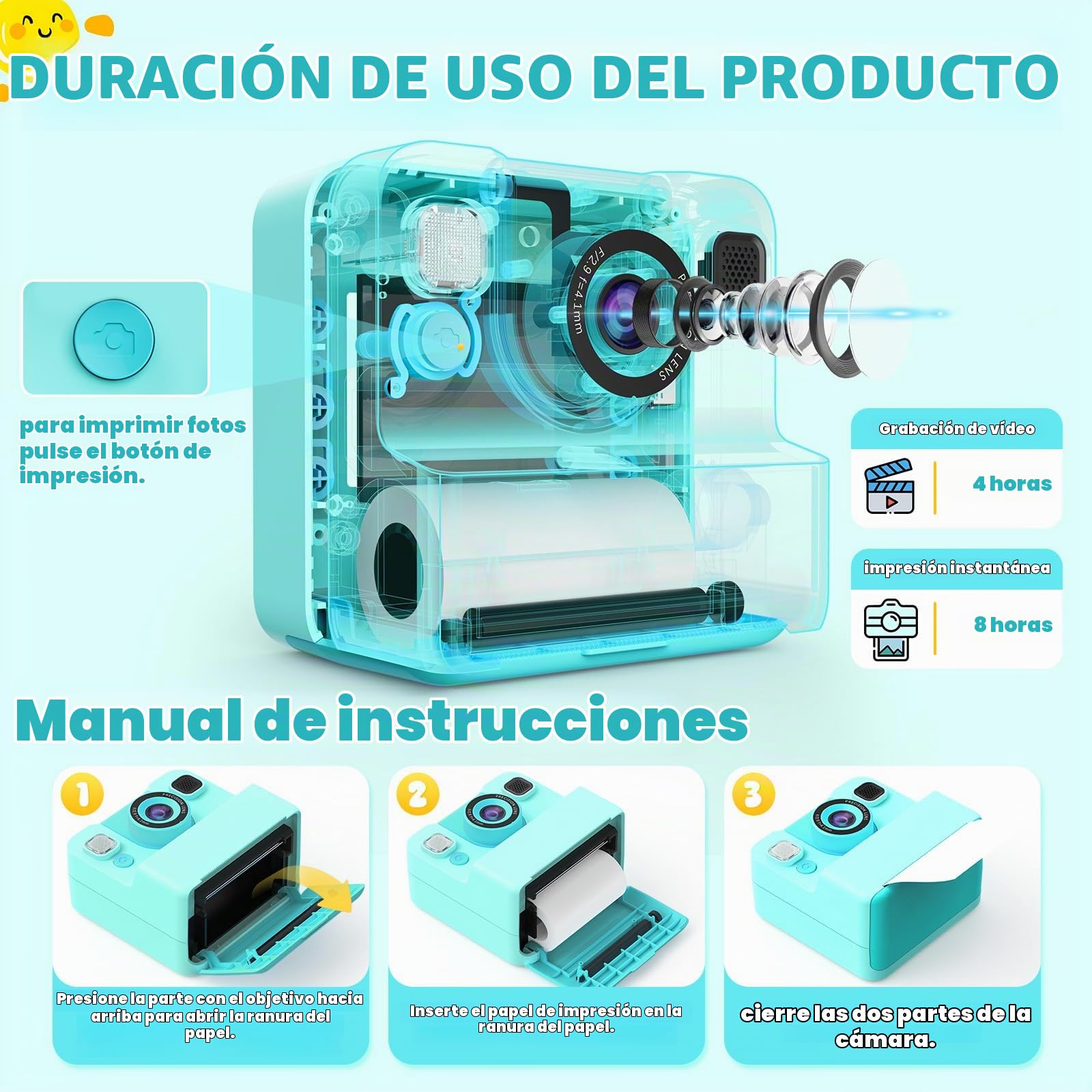 Cámara Infantil con Impresión Instantánea 1080P, 3 Rollos Y 32GB
