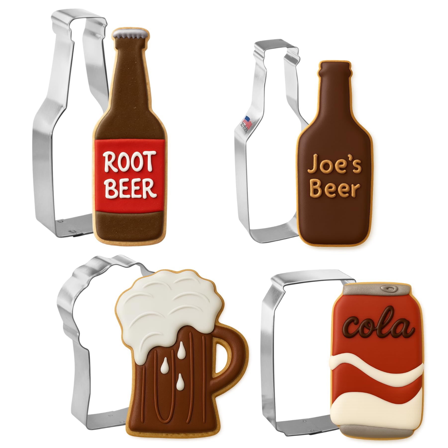 Juego de 4 cortadores de galletas para botellas y tazas, HS0465 con tarjeta de recetas de galletas de azúcar. Marca Foose USA