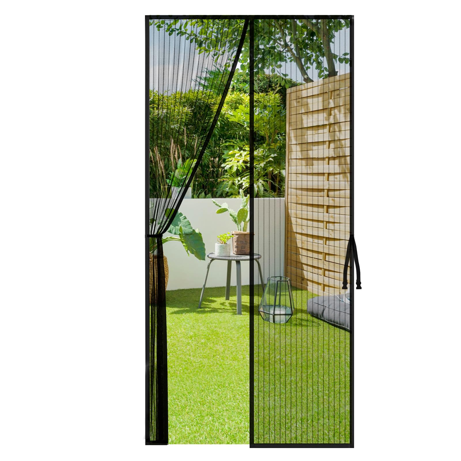 Cascovll Magnetic Screen Door,Heavy Duty Self-Sealing Fly Mesh,with Powerful Magnets & Full Frame Magic Tape No Gap,Lets Fresh Air in (with Stay Open Buckles,90×210cm,Black)