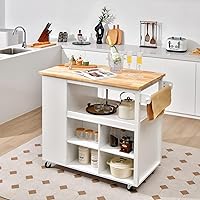 Vista 2 de Giantex Carrito de isla de cocina con ruedas, mesa de isla rodante con parte superior de madera de caucho, cajón, estante para especias de 3