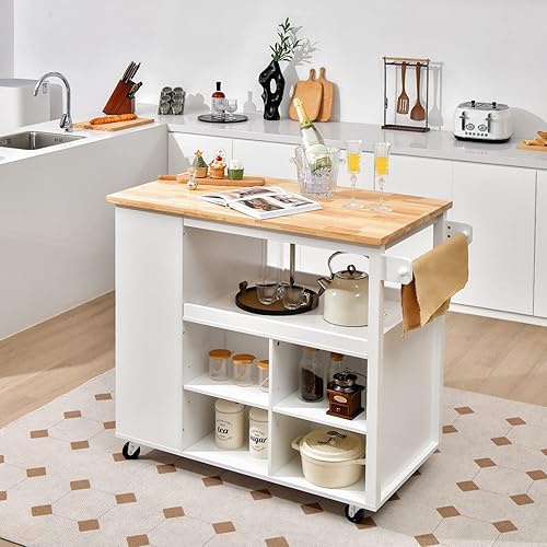 Miniatura 2 de Isla de cocina blanca, carrito de almacenamiento rodante con parte superior de madera de goma, cajón, estantes abiertos y toallero, carritos de