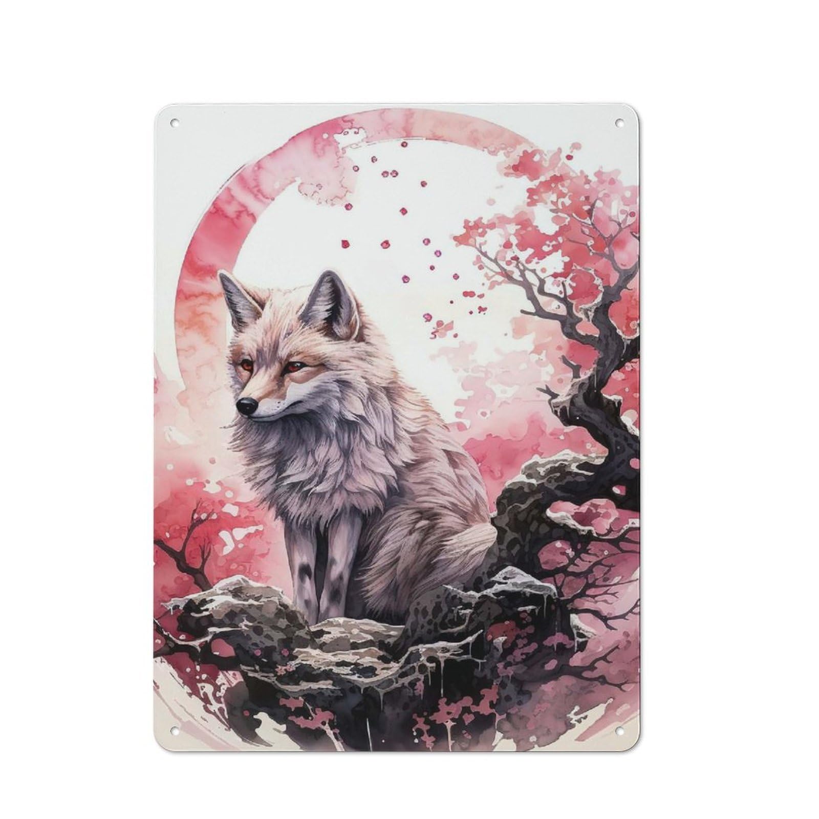 Junmoney Style-2 Tin Wall Plaque 40X30cm With Cherry Blossom Wolf Animal For Garage Wall, Suited To People Furnishing A Garage