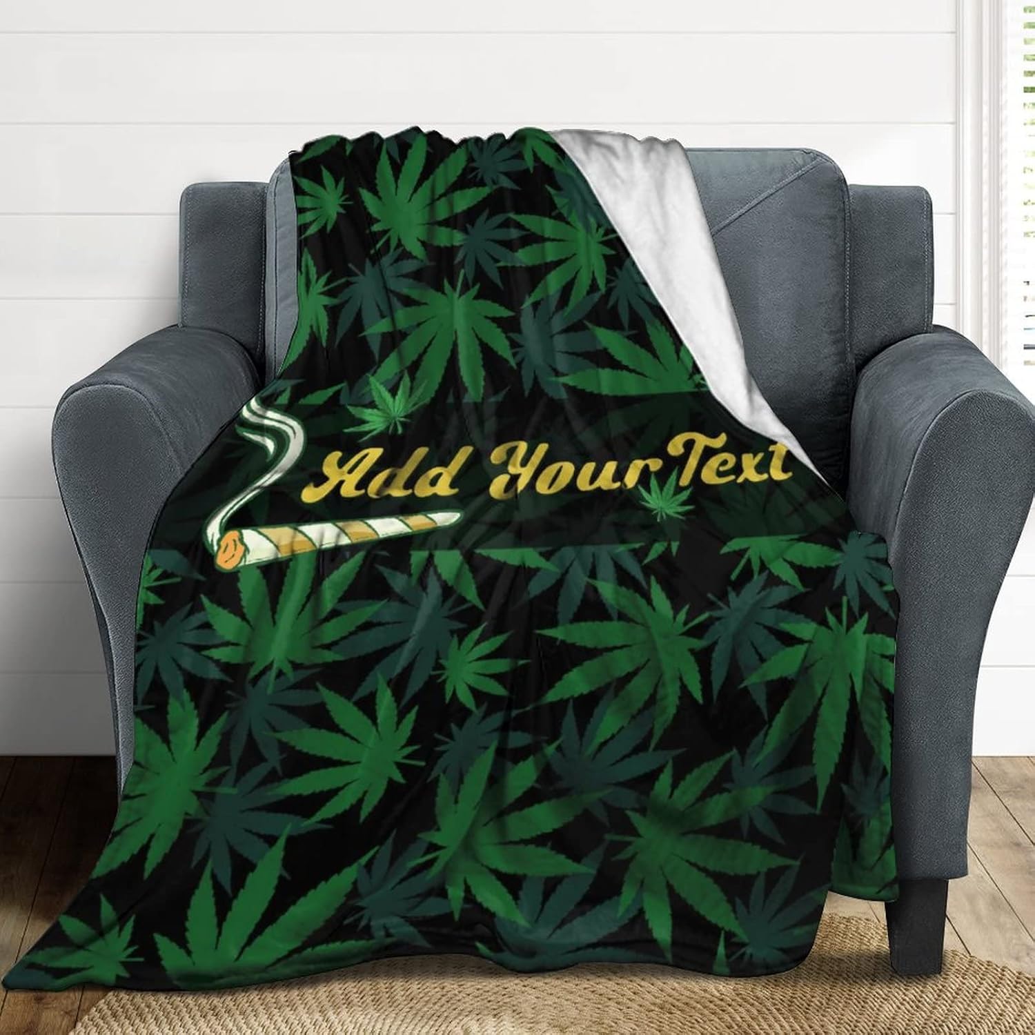 50"x40" Personalized Cannabis Leaves Throw Blanket with Name, Custom Marijuana Weed Leaf Blanket for Kids,Cannabis Plush for Bed Sofa Couch Chair