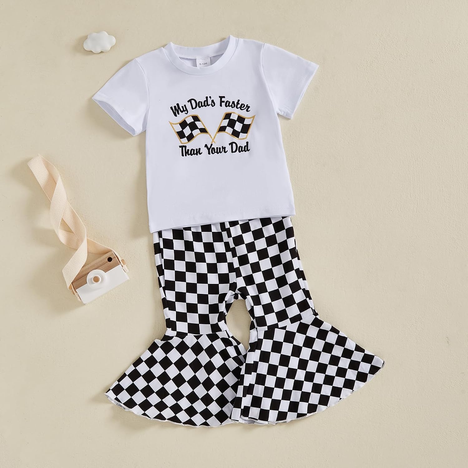 Toddler Baby Girl Summer Clothes Race Car Short Sleeve Letters T-Shirt Checkerboard Flared Pants Set Racing Outfit