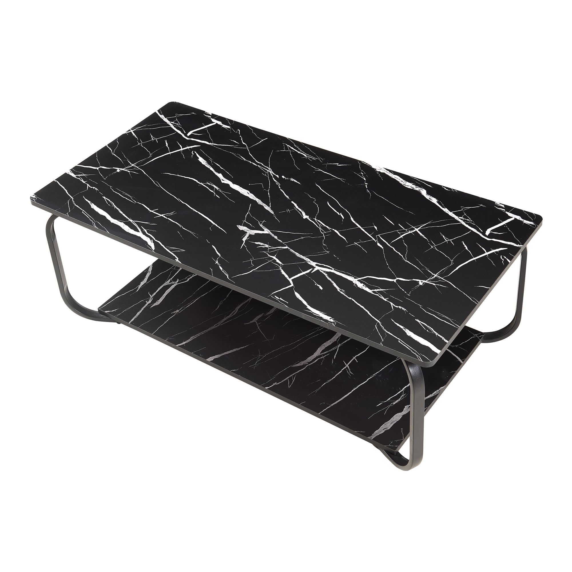 [en.casa] Table Basse de Salon avec Étagère Table d'Appoint avec Surface de Rangement Design Style Intemporel Plateau Rectangulaire MDF Acier 120 x 60 x 43 cm Effet Marbre Noir