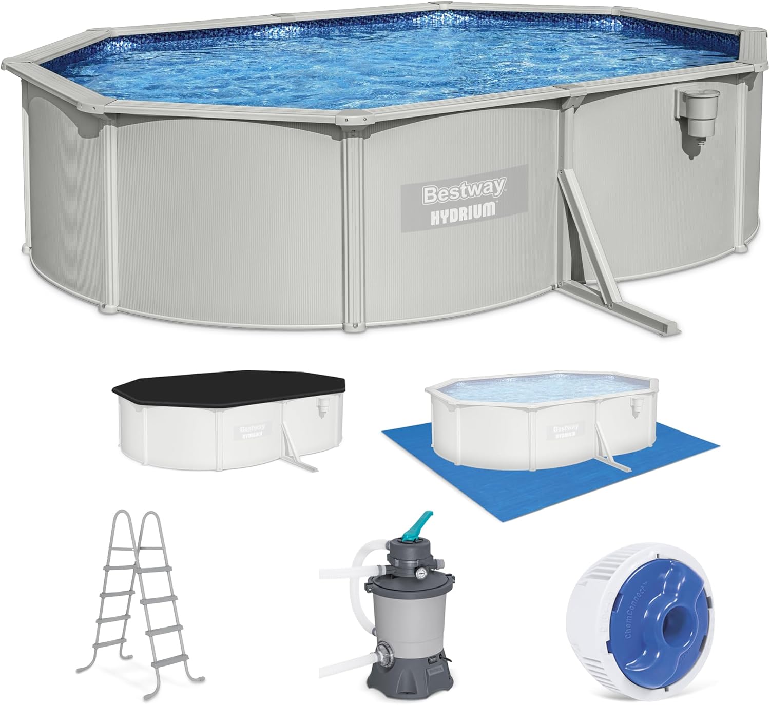 Bestway Hydrium 16’5” x 12' x 48" Above Ground Pool, Oval Steel Side Wall Frame Outdoor Swimming Pool Set with Sand Filter Pump, Ladder & Accessories
