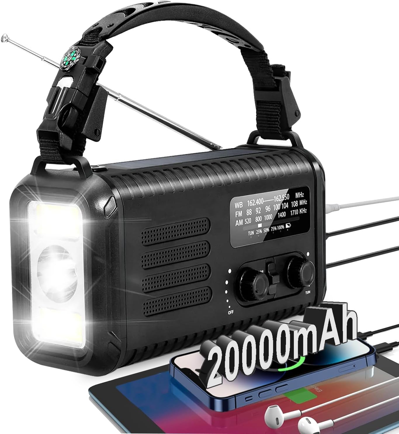 Emergency Hand Crank Radio, NOAA Weather Radio, 20000mAh/74000mWh Solar Battery Radio with AM/FM, Portable Fast Phone Charger, Flashlight, Reading Lamp & SOS Alarm for Camping, Hiking (Black)