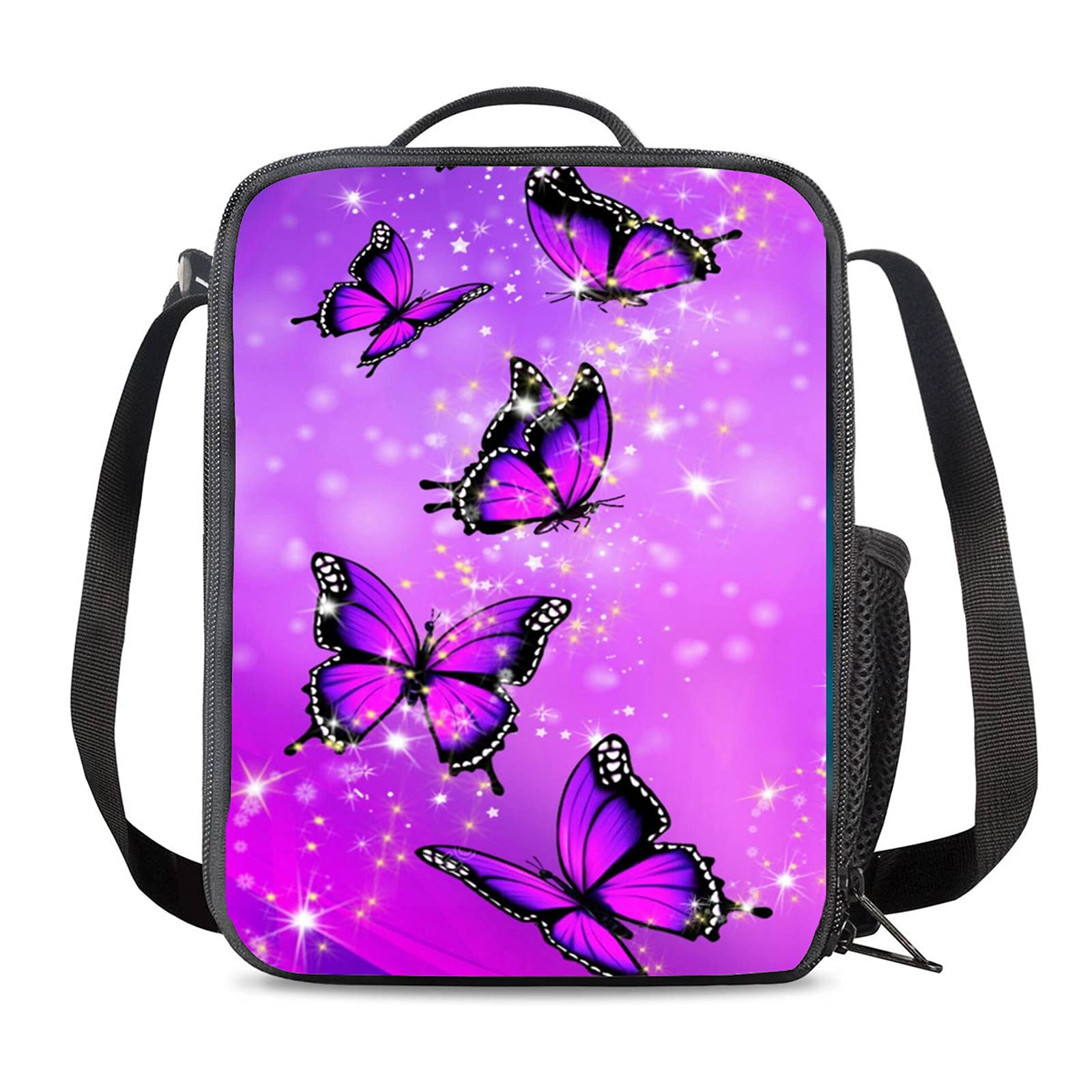 NETILGEN Primary Highschool Kids Lunch Bag Purple Shiny Butterfly Pattern Simple Adult Mini Lunch Box for Teen Girls Women