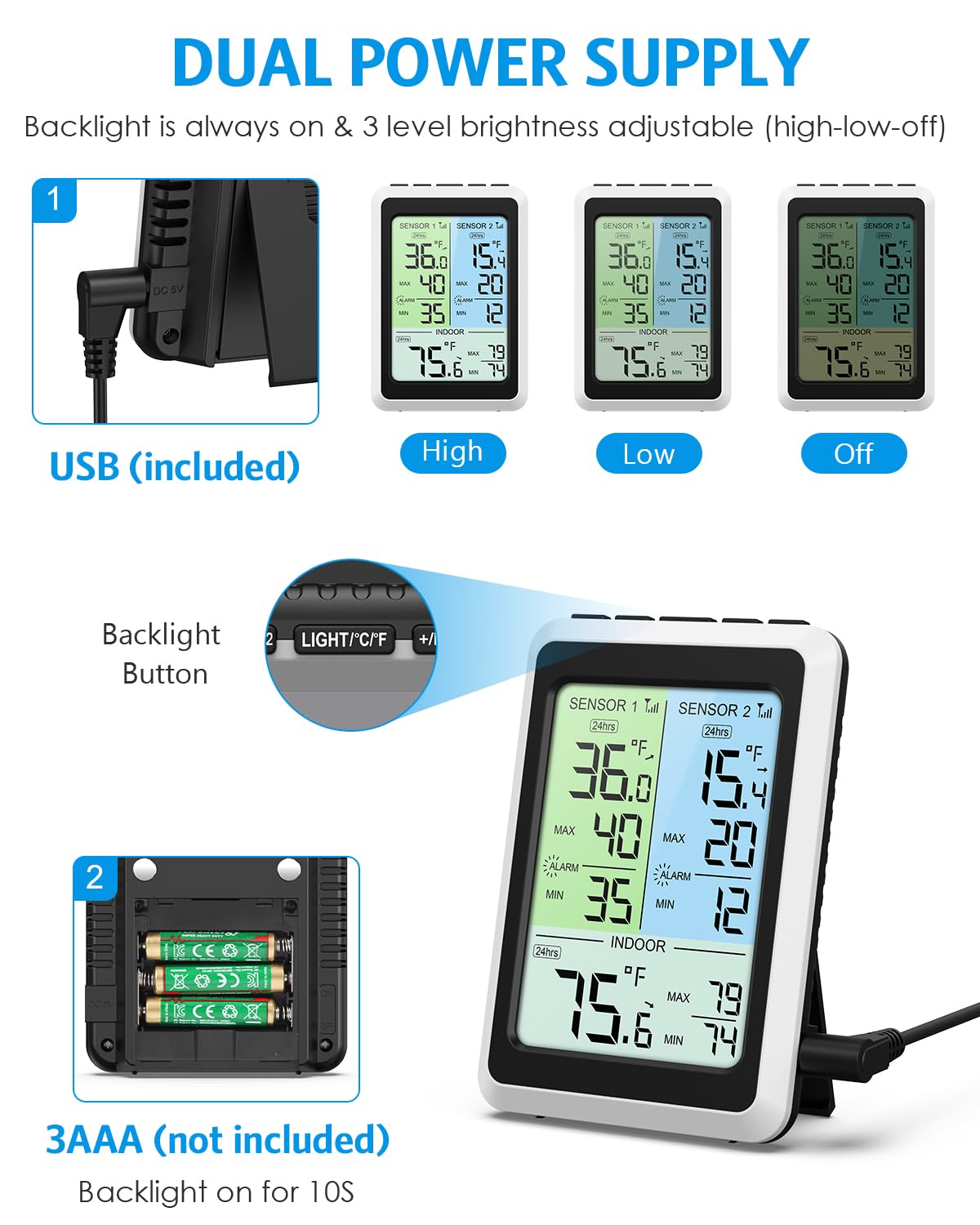 Brifit Kühlschrankthermometer, 4,5'' Farbdisplay Thermometer mit 2 Sensoren, Hintergrundbeleuchtung, Alarmfunktion, MAX/MIN-Wert, ℃/℉ Schalter, für Kühlschrank/Gefrierschrank, Innen