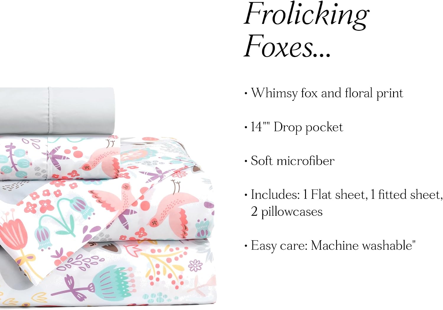 Lush Decor Pixie Fox Soft Sheet Set, 4 Piece Set, Twin, Gray & Pink - Pink Twin Sheet Set - Girls Bedroom Decor