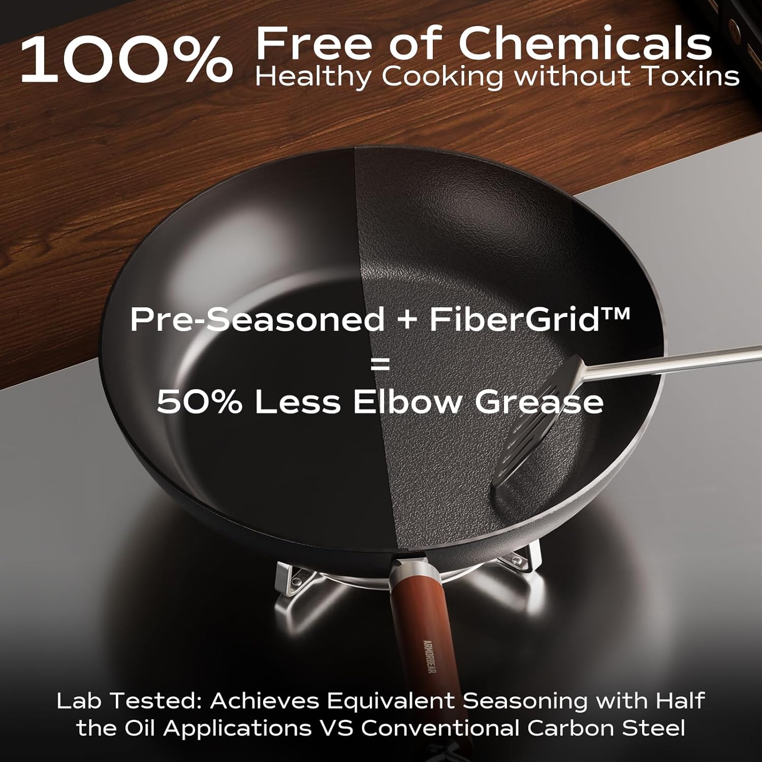 Carbon Steel Frying Pan, Pre-Seasoned 11-Inch Cooking Skillet Wooden Handle, PFAS & PFOA-Free, Nitrided Black Fry Pan for Kitchen, Camping, Chef Use - Image 2