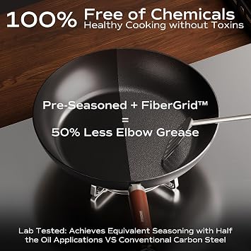 Carbon Steel Frying Pan, Pre-Seasoned 28 cm Cooking Skillet Wooden Handle, PFAS & PFOA-Free, Nitrided Black Fry Pan for Kitchen, Camping, Chef Use