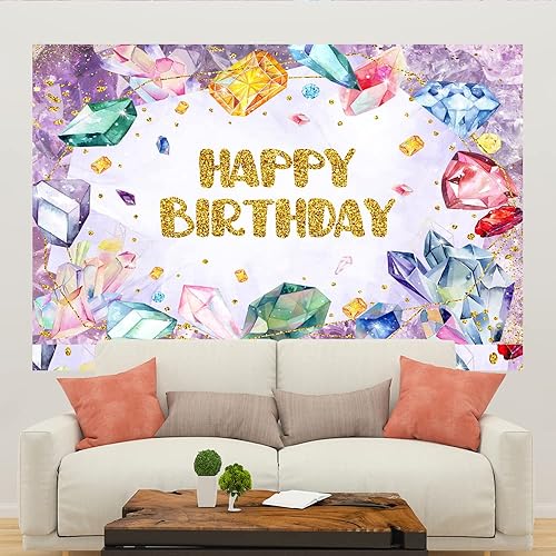 Miniatura 5 de Lofaris Telón de fondo de cristal de diamante morado de 5 x 3 pies con texto en inglés "She is a Gem Back" para niña, joyería de cumpleaños,