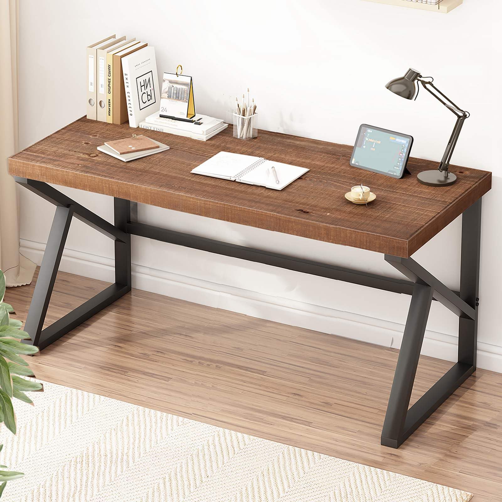IBF Schreibtisch Massivholz Langer Computertisch Holz Echtholz Schreibtische Für Homeoffice Schreiben Studie Vintage Industriell Holzern PC Gaming Workstation Tish Braun 150 cm