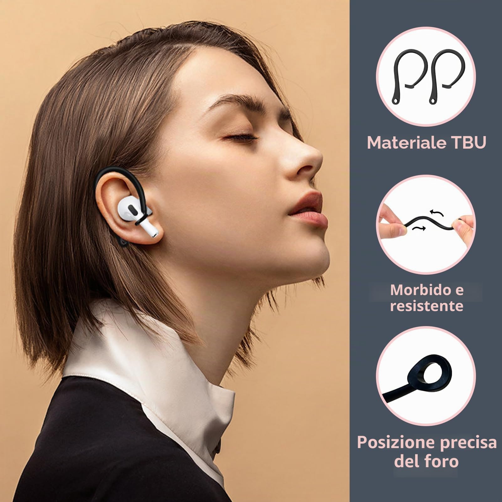 4 Paia Ganci per le orecchie Compatibili con AirPods 3 e AirPods 4, design sicuro e regolabile per attività outdoor, fitness e sport, per correre, ciclismo, con materiale TPU morbido e durevole