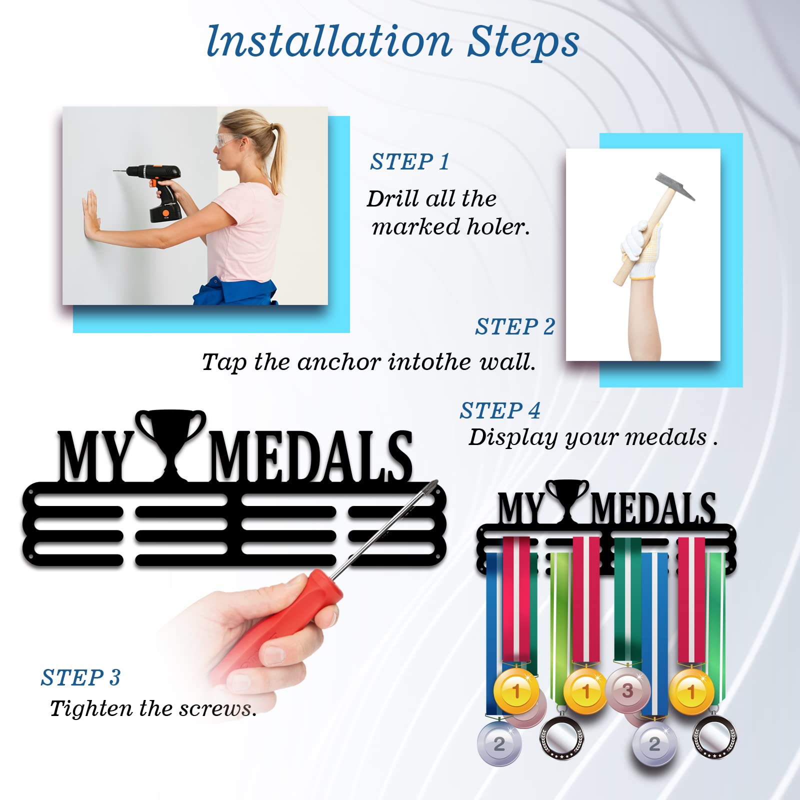 Swimming Medal Holder Custom Swimming Medal Hanger With Name, 12 Rungs For Medals & Ribbons - View #9