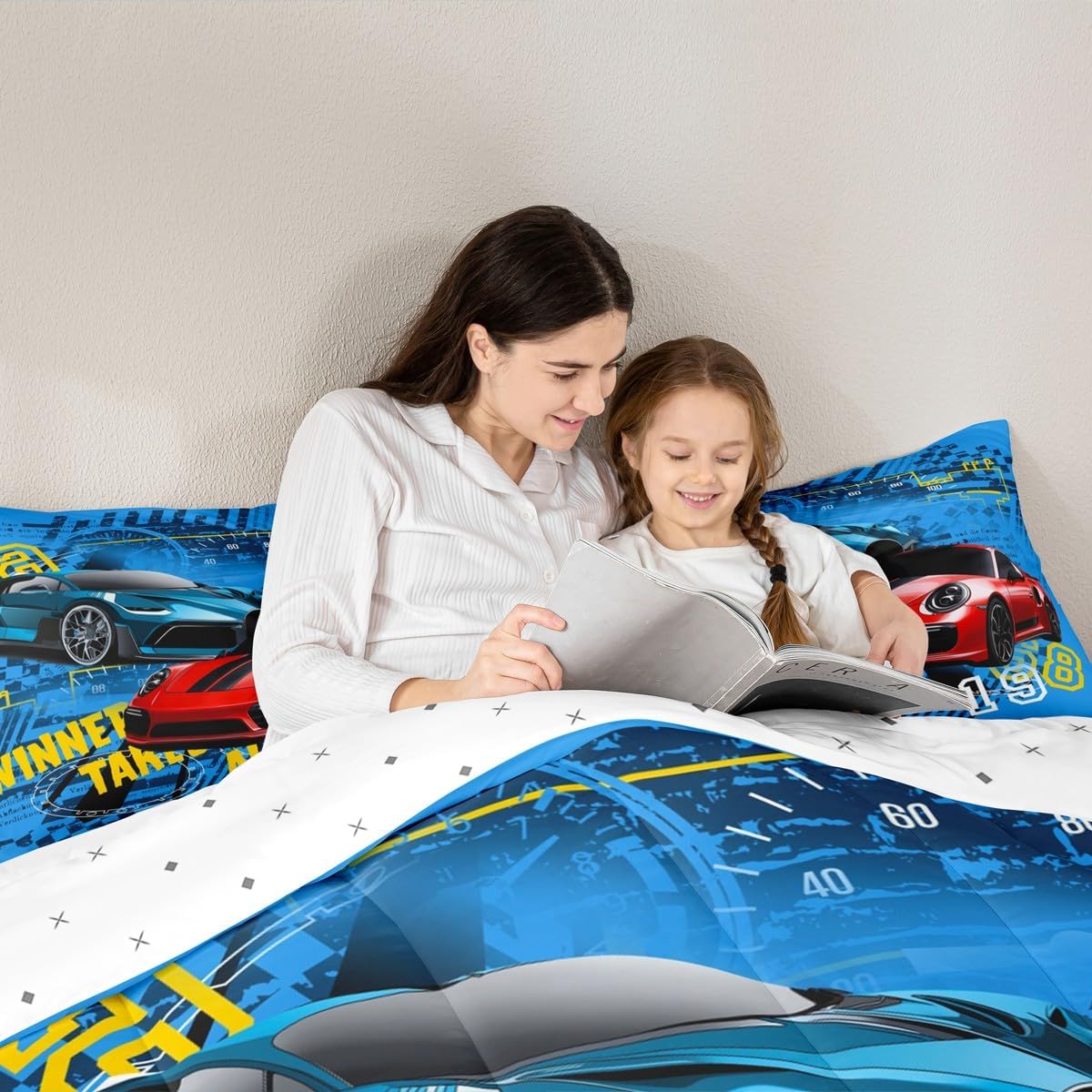Castle Fairy Sports Car Comforter Set Queen Size,Race Car Bedding Set Kids Young Man,Speed Race Sport Cars Comforter for Teen Child Room Decor,Extreme Sports Theme Quilted Duvet Set with 2 Pillowcase