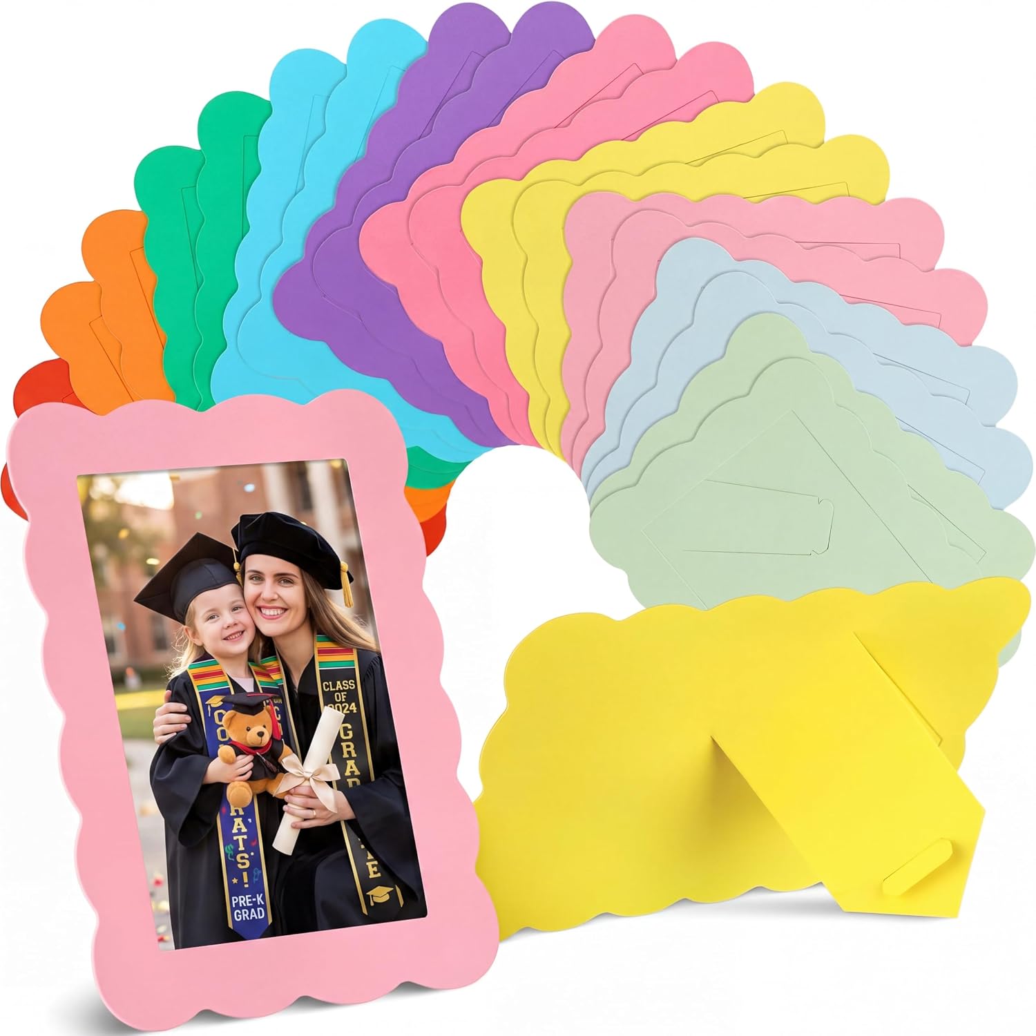 60 Pcs Graduation Scalloped Cardstock Picture Frame with Easel 4 x 6 Pastel Reusable Standing Picture Frame for Crafting Classroom Wedding Graduation Mother's Day Class Teacher Gift