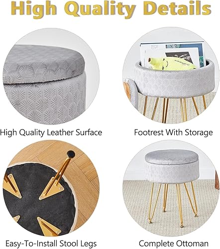 Miniatura 9 de Cpintltr Taburete otomano de almacenamiento de terciopelo con tapa extraíble, taburetes redondos para sofá, reposapiés con asiento acolchado, gris
