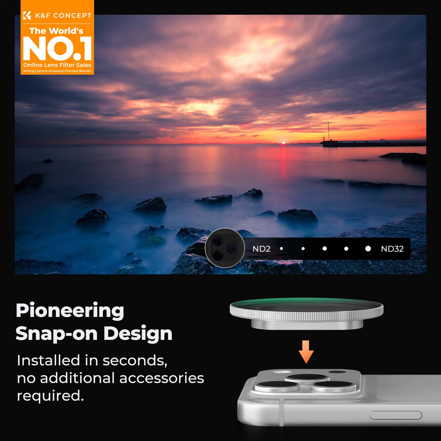 K&F CONCEPT FA301 Snap-on Filtre ND2-32 pour iPhone 17 Pro & Pro Max, Ultra-Léger 11,2g Filtre d’Objectif ND Variable avec Support Snap-on Deco, Verre AGC Revêtu 28 Couches, Argent