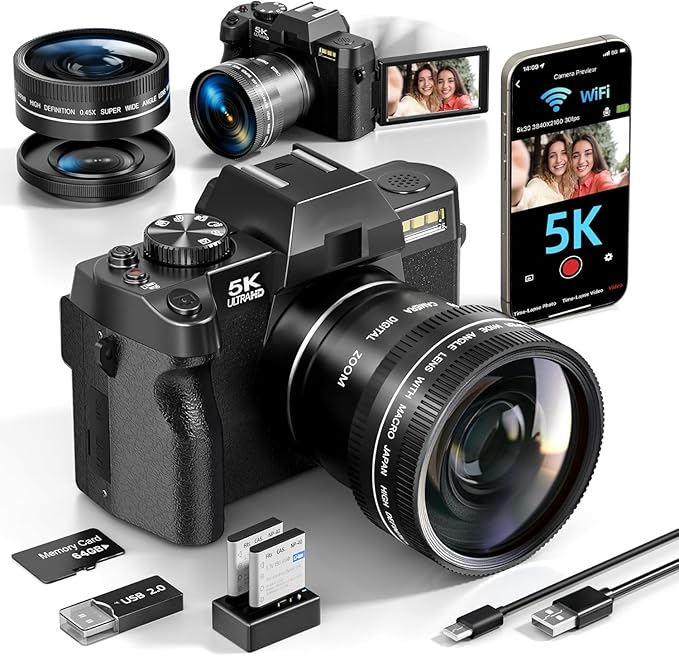 5K&64MP Digital Cameras for Photography&Video, Vlogging Camera for YouTube, Compact Camera with 64GB TF Card, WiFi,and Wide-Angle & Macro Len, AUTOFOCUS 16X Zoom for Entry-Level User, Beginners（Black