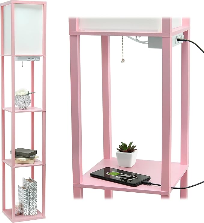 Simple Designs Simple Designs LF1037-LPK Floor Lamp Etagere Organizer Storage Shelf with 2 USB Charging Ports, 1 Charging Outlet and Linen Shade, Light Pink
